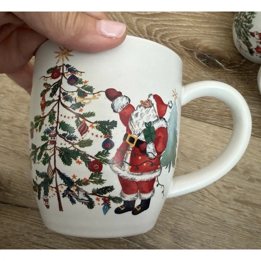 Pottery Barn Christmas in the Country Mugs Set of 4 Santa Holiday Stoneware